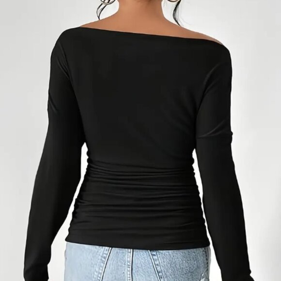 NEW Women's Black Off-Shoulders or Drop-Shoulder Shirt with Runched Waist - Picture 3 of 4